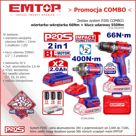 Zestaw narzędzi akumulatorowych P20S 20V COMBO1