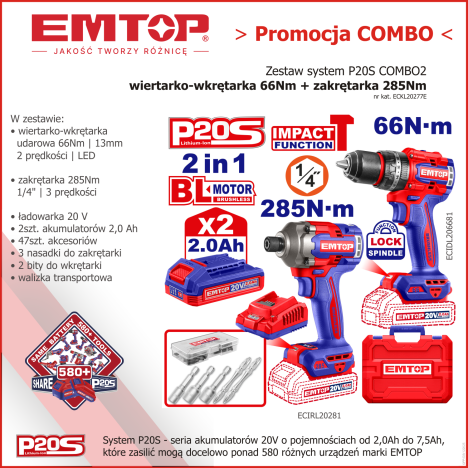 Zestaw narzędzi akumulatorowych P20S 20V COMBO2