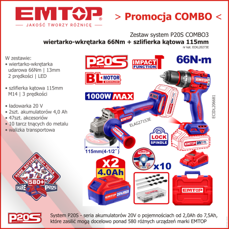 Zestaw narzędzi akumulatorowych P20S 20V COMBO3